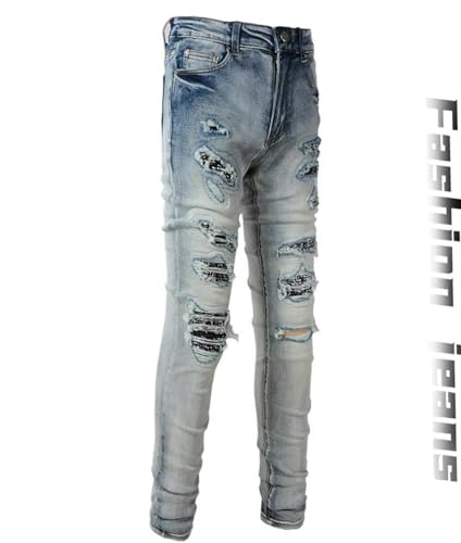 Jeans Pants Trousers Denim Men Perforated Elastic Slim Fit Worn Hole with Zircon Sequins Street Trendy Blue Sanding Fading Fringed Casual Small Leg(Light Blue,29)2