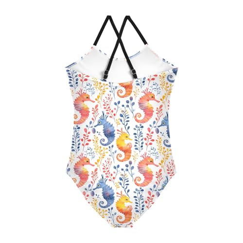 senya Girls Swimsuits One-Piece Swimwear Tie Bathing Suit Beach Summer Round Neck 7-8T Seagrass Seahorse Pattern2