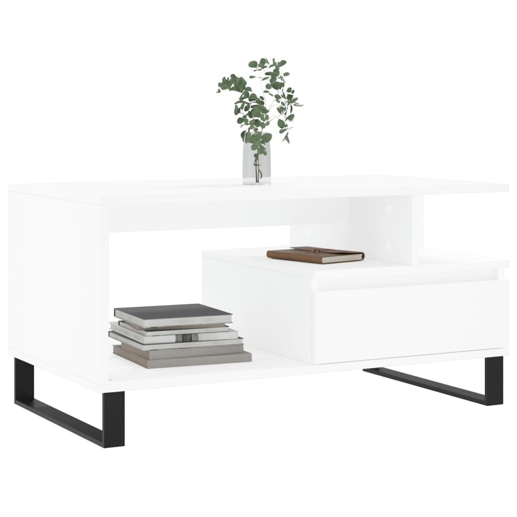 Tavolino bianco 90 x 49 x 45 cm, in legno con cassetto, gambe in metallo, tavolino moderno per soggiorno, elegante ripiano