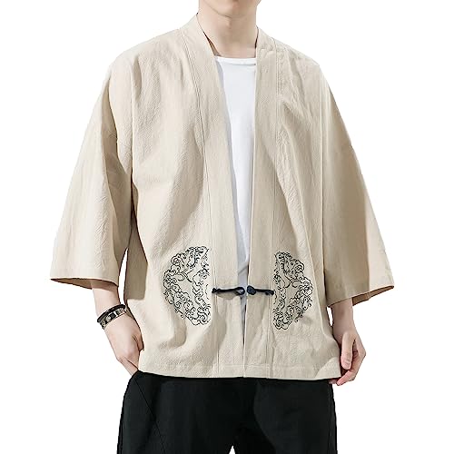 Image of Mens Kimono Cardigan Cotton Linen Japanese Shirt 3 /4 Sleeve Haori Yukata | Skin-Friendly Solid Color Lightweight Shawl Collar Kimono Robe Embroidery Button Tie Pockets Happi Coat All Season Daily Wear