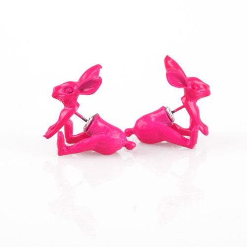 One Pair Cool Punk Candy Color Cute Lovely Rabbits Animal Ear Stud Cuff Earrings Rose Red