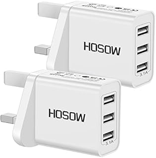 Multi USB Charger Plug UK 2Pack, HOSOW 3 Port Multi USB Plug Adaptor UK 3.1A/15W Fast Charging USB Wall Charger Power Adapter for iPhone 14/13/12/11/XS/X/8/7/6s, iPad,Samsung Galaxy S10/S9/S8,Huawei