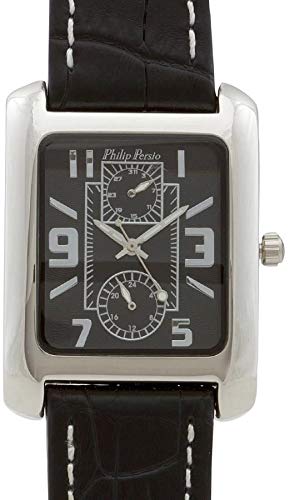 Philip Persio Mens Black Dial Leather Band Watch H4ehm0099