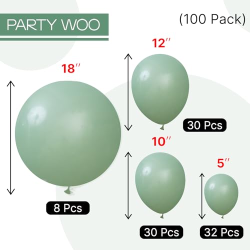 Image of PartyWoo Dusty Green Balloons 100 pcs Different Sizes of 18 12 10 5 Inch Matte Sage Olive Boho Green Eucalyptus Latex Balloon Arch Kit Garland for Wedding Baby Shower Party Decorations Green-F03
