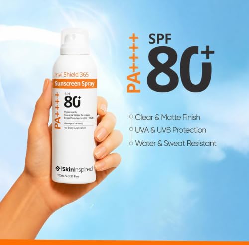 Image of SkinInspired Invi Shield 365 Body Sunscreen Spray SPF 80+ PA++++ | Ultra-Light, Quick-Absorbing, Non-Greasy Sun Protection | No White Cast, Water & Sweat Resistant | Broad Spectrum UV Defense | 120ml (Pack of 2)