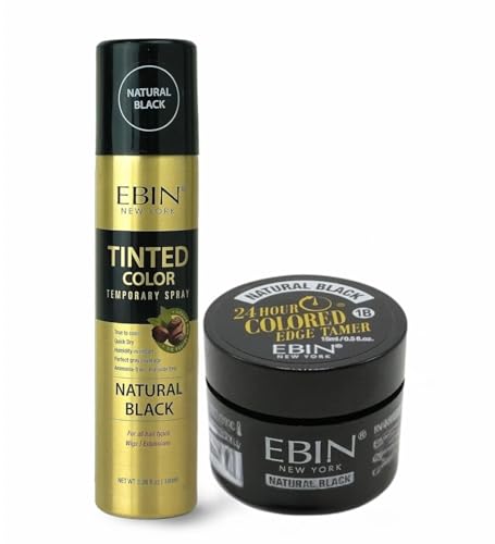 EBIN NEW YORK Ebin Black Spray – Tinted Color Temporary Spray 3.38oz Bundle with 24 Hour Colored Edge Tamer Natural Black Precision Root Cover & Edge Control – Gift Set (2 Items)