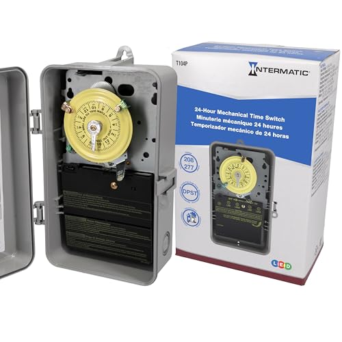 Intermatic T104P 24-Hour Mechanical Time Switch, 208-277 VAC, 60Hz, DPST, Indoor/Outdoor Plastic Enclosure, 1 Hour Interval