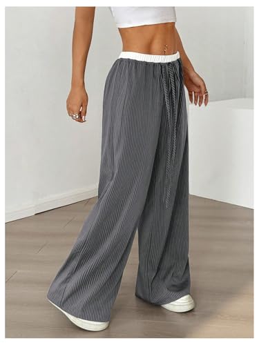 SOLY HUX Women's Striped Wide Leg Pants Drawstring Elastic Waist Baggy Long Pants Trousers3
