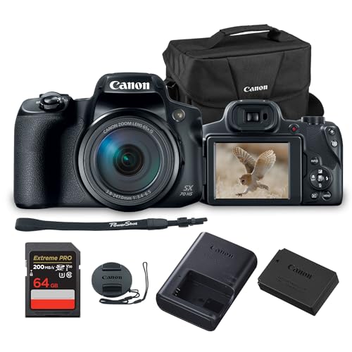 Canon PowerShot SX70 HS �f�W�^���J����| 20.3MP�Z���T�[�A65�{���w�Y�[��&4K UHD�r�f�I|���s&�쐶�����ʐ^�p�̃I�[���C�������X�[�p�[�Y�[��(3071C001) + 64GB�J�[�h EOS 200ES �V�����_�[�o�b�O