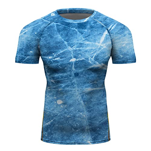 Men Short Sleeve Compression Shirts,Athletic Workout Shirt, Water Sports Rash Guard Blue Marble
