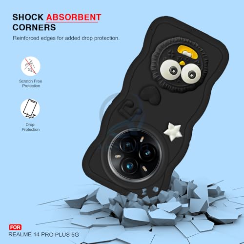 Image of AESTMO Back Case Cover for Realme 14 Pro Plus 5G | 3D Cute Fun Cartoon Characters | Anti Slip Grip Cute Wave Curly Frame Shape | Back Cover for Realme 14 Pro Plus 5G | (Black)