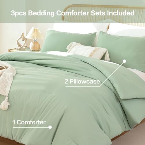 Image of ROSGONIA Queen Comforter Set Sage Green, 3pcs Bedding Sets Queen (1 Boho Sage Comforter& 2 Pillowcases), All Season Lightweight Blanket Quilt