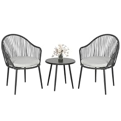Outsunny Set Salotto da Giardino in Rattan 3 Pezzi, Salottino da Esterno con 2 Poltroncine con Cuscini e Tavolino da Caffè in Vetro, Grigio