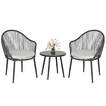 Outsunny Set Salotto da Giardino in Rattan 3 Pezzi, Salottino da Esterno con 2 Poltroncine con Cuscini e Tavolino da Caffè in Vetro, Grigio