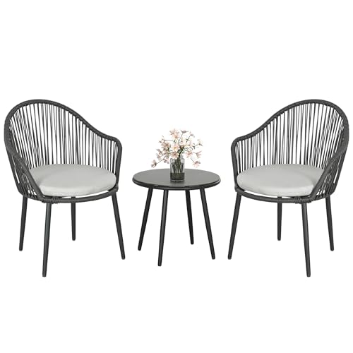 Outsunny 3-teilige Rattan Gartenmöbel-Set Gartengarnitur, Sitzgruppe mit Beistelltisch mit Hartglasplatte, 2 Gartenstühlen, Kissen, für Terrasse, Balkon, Stahl, Dunkelgrau