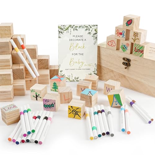 AOOTE Funny Baby Shower Games Sign Kit, 78 Pcs DIY Baby Shower Blocks to Decorate Game Kit, DIY Wood Block Craft Kits With 52 Wooden Blocks, 24 Markers,1 Table Sign And Box, Babies Showers Games