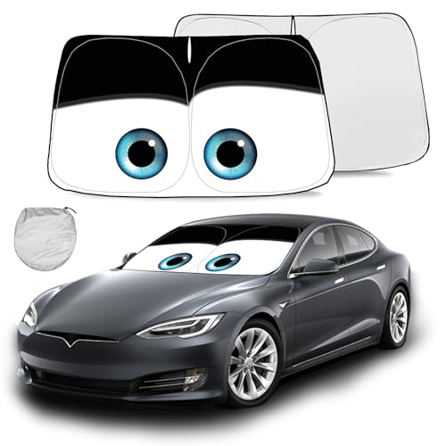 Gven Windshield Sun Shade for Tesla Model Y/3 Accessories 2025 Car Front Window Shade 100% Blackout Dual-Sided UV Protection (Black Eyes)