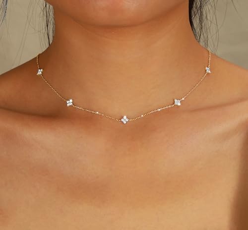 XAYAH Dainty Lucky Leaf Necklace for Women 925 Sterling Silver Trendy 14K Gold Plated Cute White CZ Flowers Pendant Choker Necklaces to Daughter Mom Stackable Chain Wedding Prom Brides Jewelry2