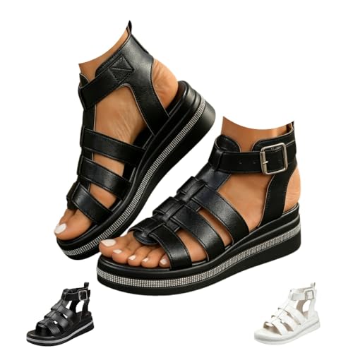 Wedge Gladiator Sandals for Women Chunky Gladiators Platform Wedge Orthopedic Sandal Open Toe Back Zipper (Black,26.0 cm) [���s�A���i