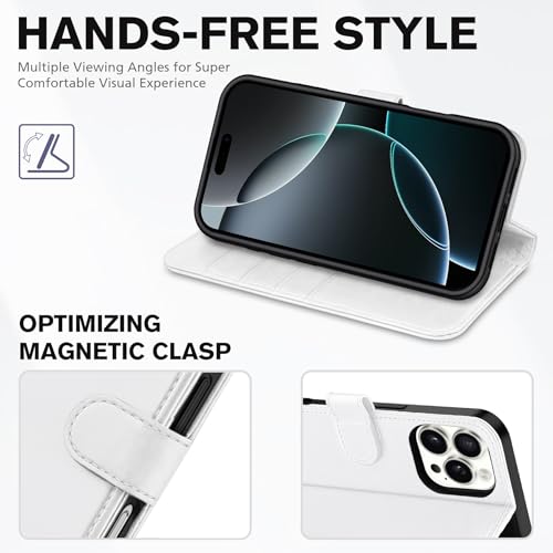 Coque iPhone 16 Pro Antichoc Étui Portefeuille RFID Protection Cuir Blanc