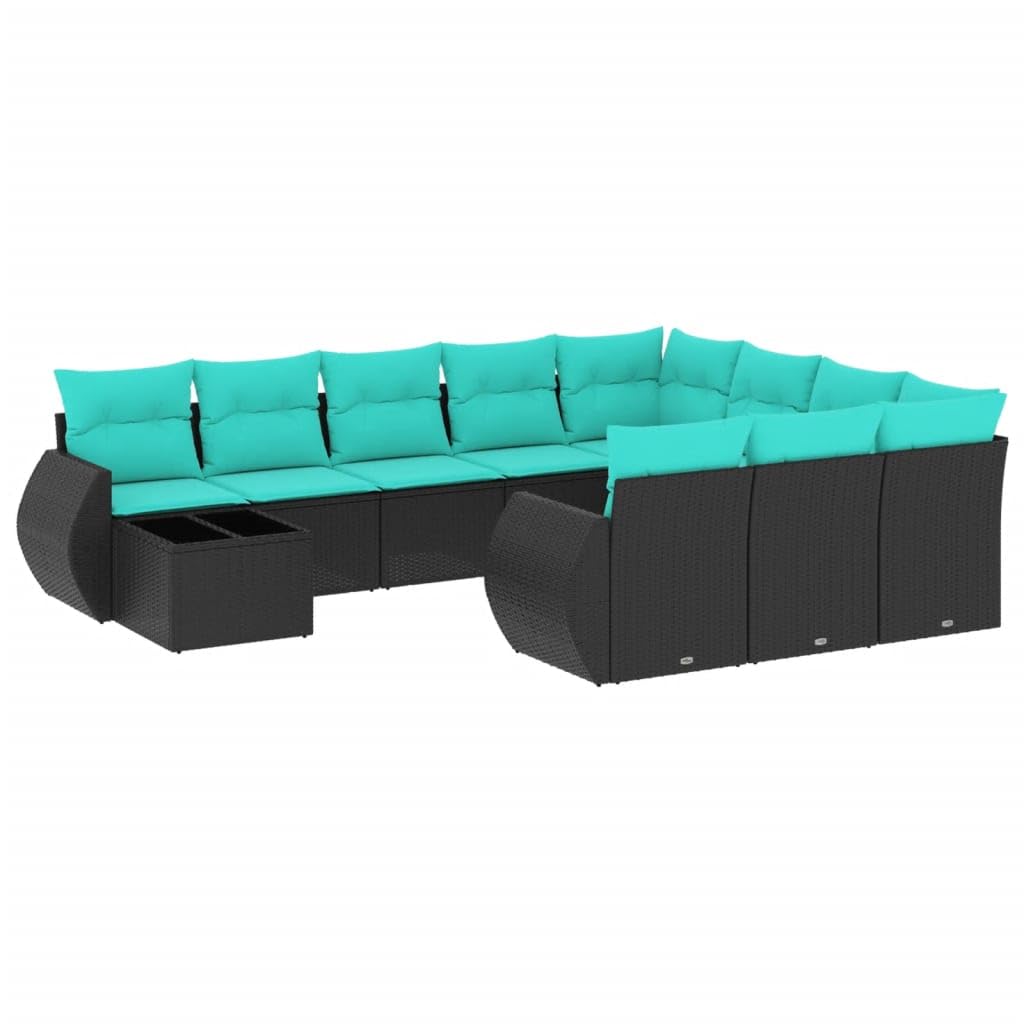 Set divano da giardino, 11 pezzi, polyratin nero, con cuscini e tavolo