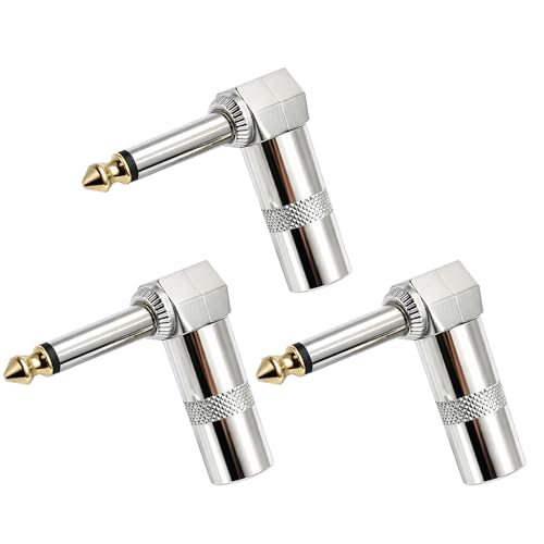 3 Pack Jack Right Angle Adapter, 6.35mm Right Angle Plug 1/4 Inch TS Male to 1/4 Inch TS Female Compatible with Bass AMP, Electric Guitars, Mixers & Equalizers (Silver)
