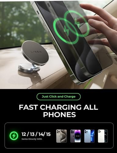 LISEN Ładowarka samochodowa Magsafe [ładowanie 15 W PRO] iPhone Samsung bezprzewodowa ładowarka samochodowa magnetyczny uchwyt na telefon, uchwyt samochodowy na deskę rozdzielczą pasuje do iPhone'a 15