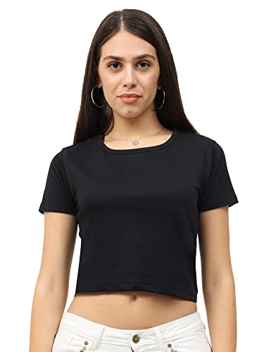 Image of FLEXIMAA Women's Cotton Plain Round Neck Half Sleeve Crop Top
