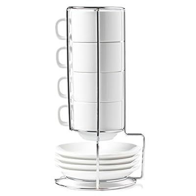 HUJI Stack-able Porcelain 4 Ounces Espresso Turkish Coffee Cups and Saucer with Chrome Rack (1)