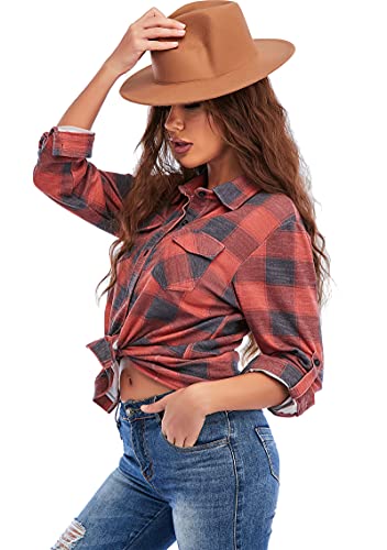 Oyamiki Womens Casual Cuffed Long Sleeve Boyfriend Button Down Plaid Flannel Shirt Tops4