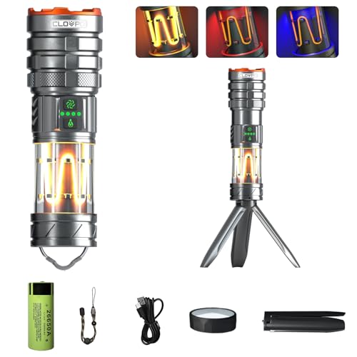 CLOVPO Rechargeable Flashlight 11 Modes Tactical Camping Flashlight with Red-Blue Emergency Lights, 10000 Lumens 3 in 1 Portable Camp Light with Stand, Bright LED Flashlight for Outdoor Activity