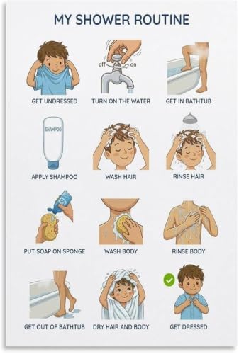 Planning visuel autisme pour douche rituel du soir apaisé toile encadrée garçon 12x18 pouces