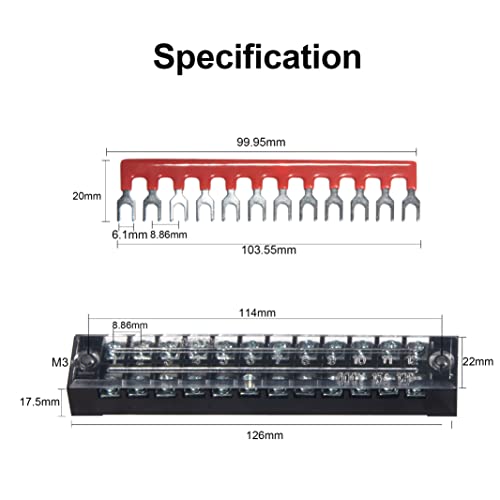 Image of (82pcs) 5 Sets Terminal Block - 5pcs 12 Position 600V 15A Dual Row Screw Terminals Strip with Cover+5pcs Pre-Insulated Barrier Jumper Strips Black & Red+72pcs Spade Fork Wire Connectors by MILAPEAK