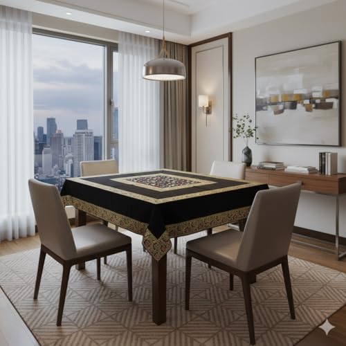 Image of New Year Room Decor Embroidery Brocade Silk Table Cover for Centre & Dinning Table and 4 & 6 Seater Dining Table /Tablecloth, (50 By 50 Inches) (Black)