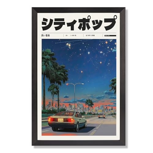 Vintage Japanese Poster City Popular Music Canvas Wall Art 90s Vaporwave Wall Decor Retro Y2k Style Anime Illustration Prints Painting For Living Room Bedroom Apartment 8x10in black Framed