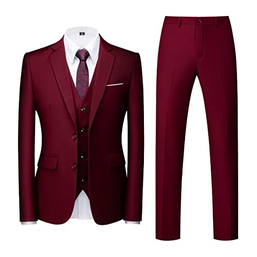 Allthemen Traje de Hombre de 3 Piezas de Ajuste Delgado con un Solo Pecho de Dos Botones Traje de Esmoquin de Boda Chaqueta Chaleco Pantalones Burdeos XXL