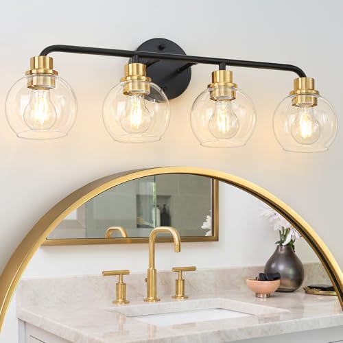 Image of 4 Light Bathroom Vanity Light, Black and Gold Bathroom Light Fixtures | with Clear Glass Shade Modern Wall Sconces Lighting Bath Wall Lights Lamp for Mirror Kitchen Living Room Bedroom Hallway