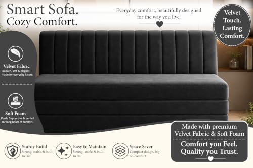 Image of 3-Seater Velvet Sofa Cum Bed | Convertible Sleeper Sofa | Modern Foldable Couch for Living Room, Bedroom & Office | Black