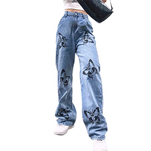 Kmbangi Women’s High Waisted Wide Leg Pants Straight Denim Jeans Casual Baggy Trousers Y2K Streetwear Fashion(Butterfly Blue, L) #TOP29