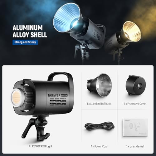 NEEWER CB100C 130w RGB LED Video Light, APP/2.4G Control 360° Full Color 2700K-6500K 27000lux/m COB Bowens Mount Silent Continuous Output Lighting TLCI/CRI97+ 17 Scenes for Video Recording Photography