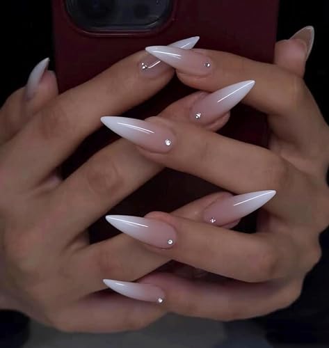 MERVF Stiletto Press on Nails Long - White Ombre French Tip Glue ons Solid Color Fake Acrylic, Rhinestones Design Wedding Manicure Supplies 24pcs Glossy
