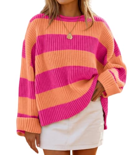 Image of Simier Fariry Womens Fall Oversized Pullover Sweater Long Sleeve Comfy Knitwear Retro Stripe Casual Outfit