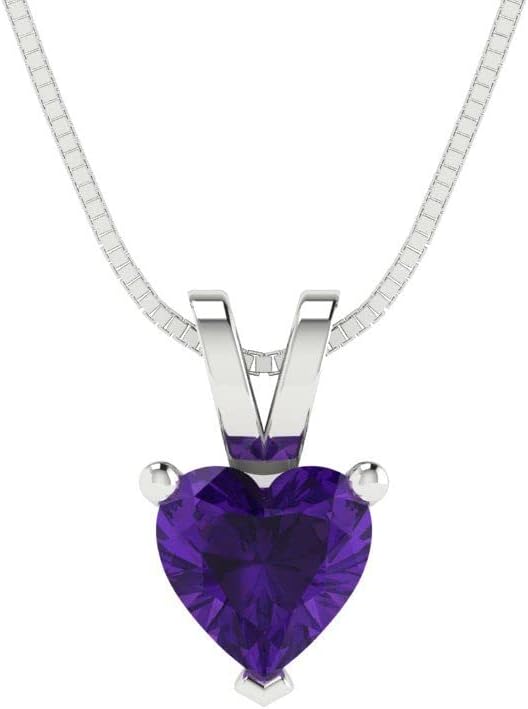 Clara Pucci 14K White Gold Plated Solitaire 18" Box-Chain Necklace - Sterling Silver 0.5ct Heart Cut Amethyst Pendant
