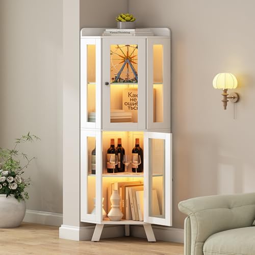 PLSDFKJ White Corner Cabinet with Tempered Glass Doors Modern Corner Bookcase with 4 Shelves for Living Room Bedroom Dining Room Office