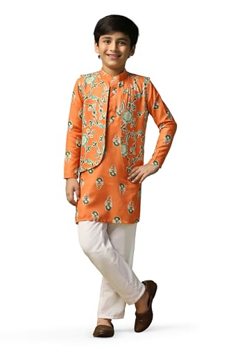 Image of Fashion Dream Boy's Cotton Blend Printed Kurta Pyjama And Jacket Set|Kurta And Payjama Set