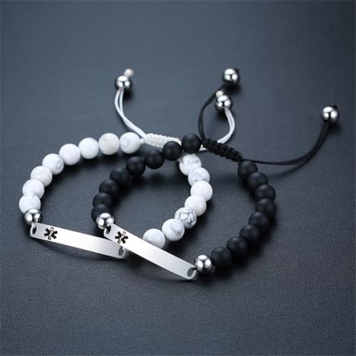 2 Pcs Medical Alert Bracelets for Men & Women Teens with Free Engraving Adjustable Stainless Steel Black White Beaded Onyx Emergency Medical ID Bracelets with Medic Wallet Insert Card4