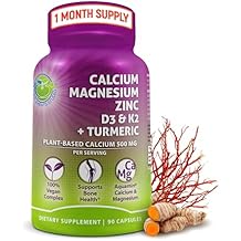 Plant-Based Calcium 500mg Aquamin Vegan Calcium Magnesium Zinc D3 with Vitamin K2 & Organic Turmeric Enhanced Bone and Muscle Health & Strength, Immune Support for Women & Men - 90 Count
