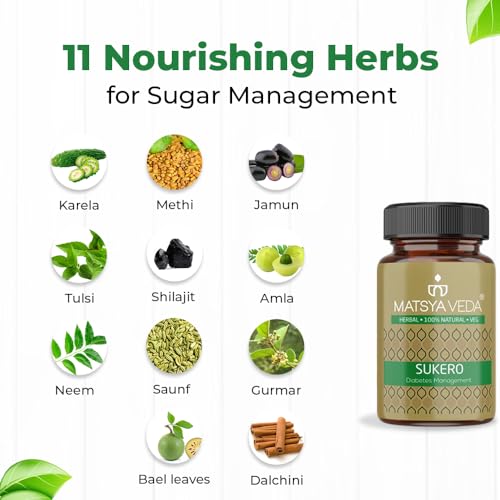 Image of Matsyaveda Sukero Ayurvedic Sugar Care Supplement | With Jamun, Karela, Gudmar, Methi & Bael | Supports Healthy Blood Sugar Levels | Herbal Capsules for Men & Women |Pack of 1 X 60 Capsules