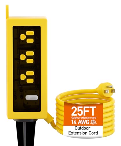 Image of Outdoor Power Strip Weatherproof, ZZJ IP69 Grade Waterproof Surge Protector, 25 FT Outdoor Extension Cord with Stake, 6 AC Outlets,14 AWG Heavy Duty Cord for Outdoor Patio Garden-Yellow