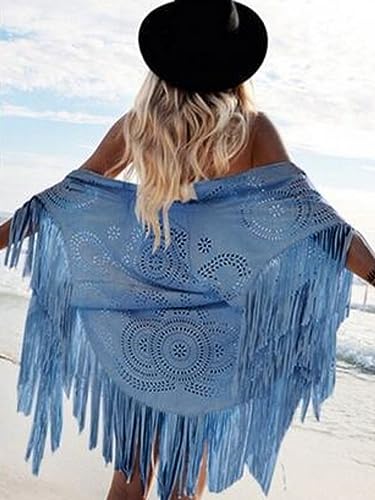 Chal de Flecos Boho para Playa y Capa Vintage Calada de Gamuza Caqui 6